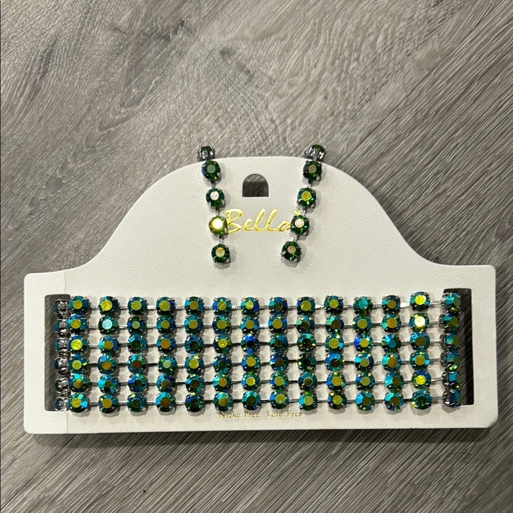Green Blue Crystal AB Necklace Choker Drop Earring Jewelry Set